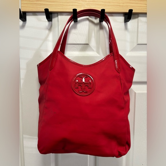 Tory Burch Handbags - Tory Burch Red Dipped Canvas Stacked Logo Tote Has Minor Cleaning Callouts GUC